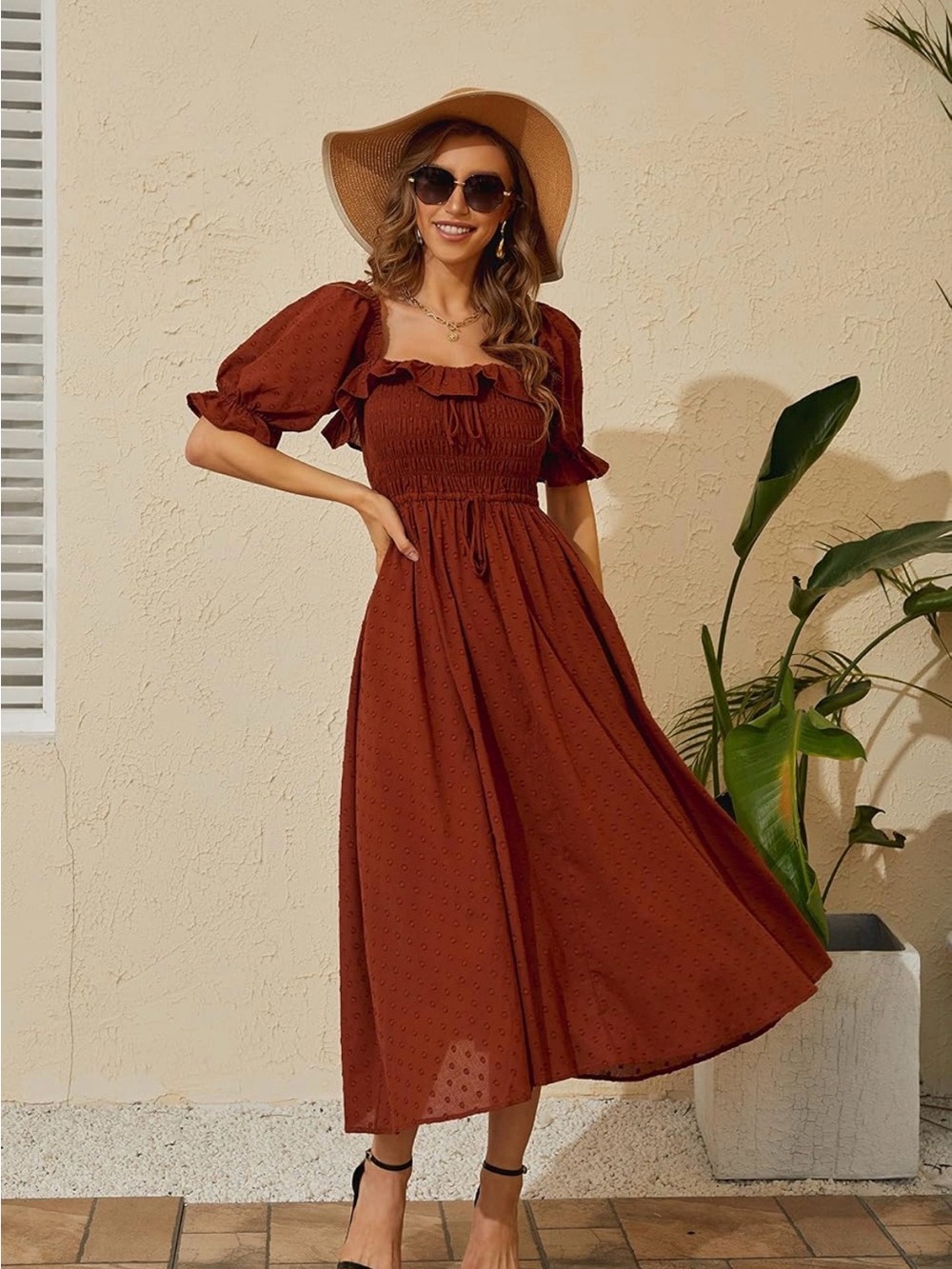 Rust Off-Shoulder Smocked Midi Dress with Puff Sleeves